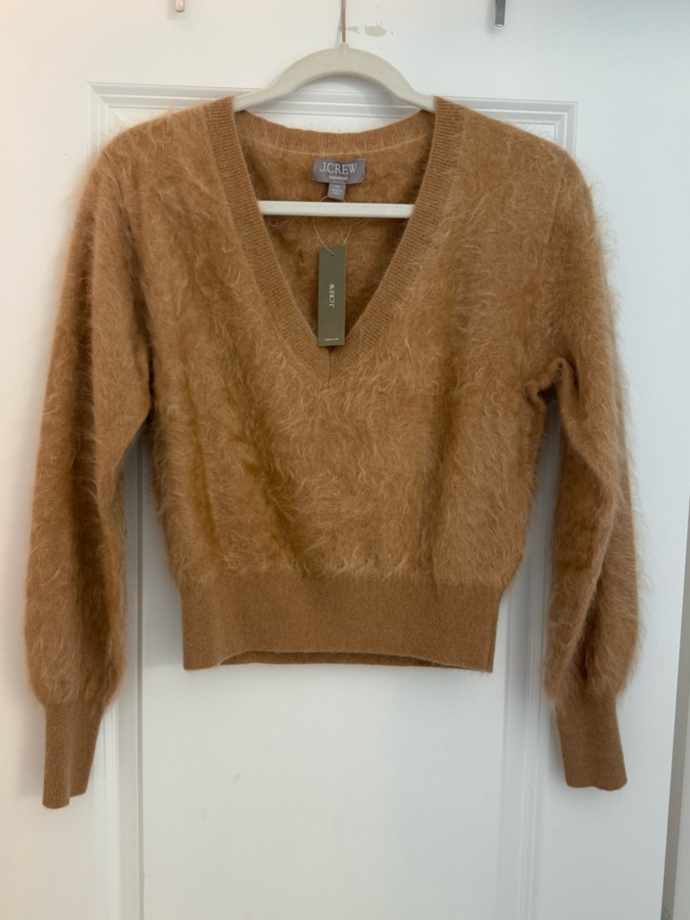 J. Crew Fuzzy V-Neck Sweater in Camel Brown
